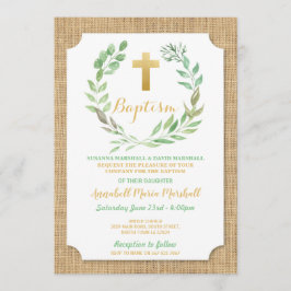 Invitación Leaf Burlap Green Baptism Christening Natural