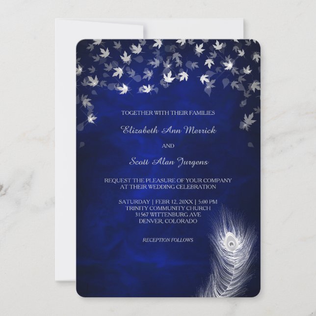 Invitación Leaf de caída de plata y Boda de plumas (Anverso)