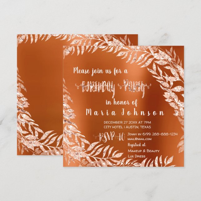 Invitación Leaf de fiesta de cumpleaños Wreath Purpurina Rosa (Anverso / Reverso)