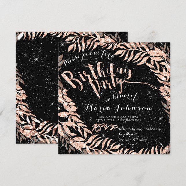 Invitación Leaf de fiesta de cumpleaños Wreath Purpurina Rosa (Anverso / Reverso)