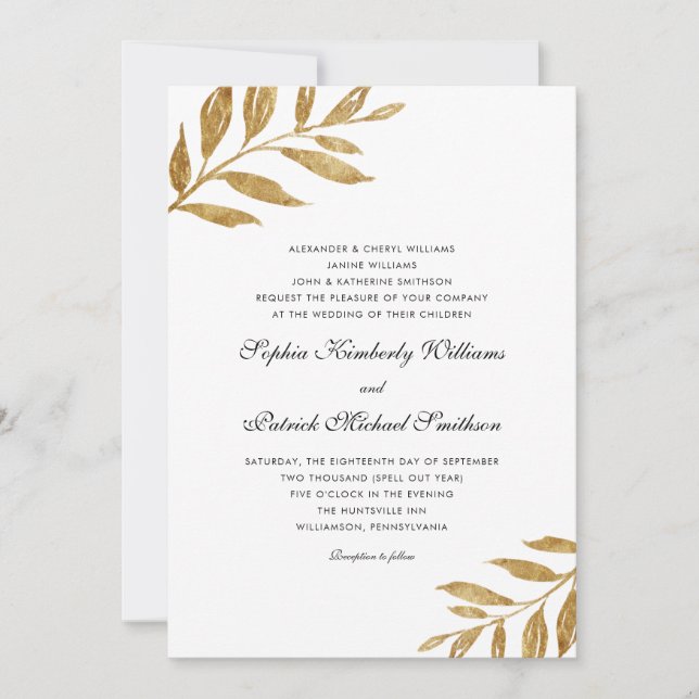Invitación Leaf de oro simple | 3 establece el boda de los pa (Anverso)