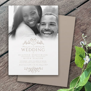 Invitación Leaf line art monograma boda marrón foto