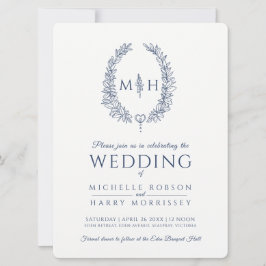 Invitación Leaf línea ovalada boda azul marino y blanco