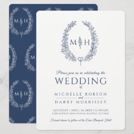 Invitación Leaf línea ovalada boda azul marino y blanco