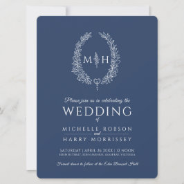 Invitación Leaf línea ovalada boda azul marino y blanco