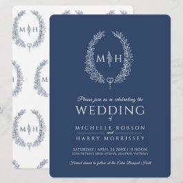 Invitación Leaf línea ovalada boda azul marino y blanco