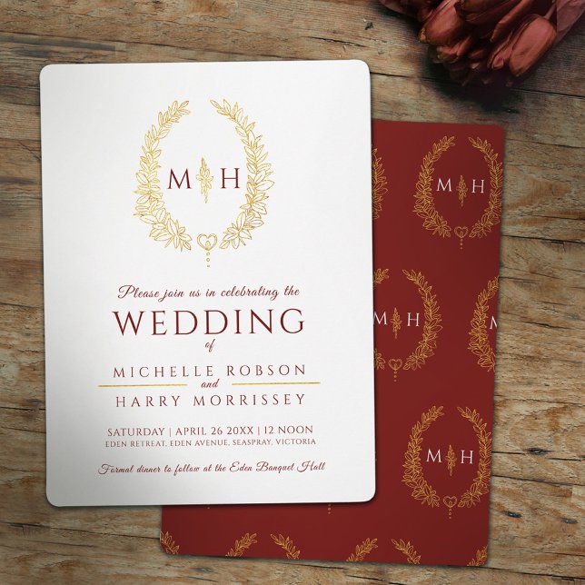 Invitación Leaf línea ovalada boda burgundy oro rojo (Subido por el creador)