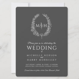 Invitación Leaf línea ovalada boda gris oscuro y blanco
