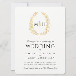 Invitación Leaf línea ovalada boda negro y oro en blanco