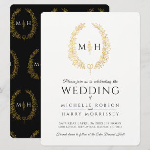 Invitación Leaf línea ovalada boda negro y oro en blanco