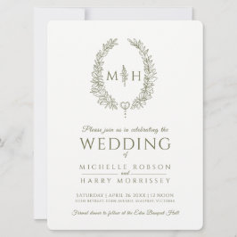 Invitación Leaf línea ovalada boda oliva verde y blanco