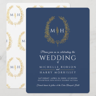 Invitación Leaf línea ovalada boda oro azul marino azul marin