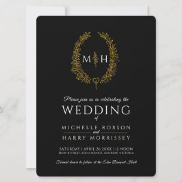 Invitación Leaf línea ovalada boda oro negro y blanco