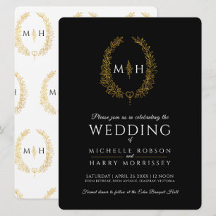 Invitación Leaf línea ovalada boda oro negro y blanco