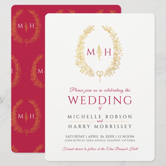 Invitación Leaf línea ovalada boda oro rojo negro sobre blanc (Anverso / Reverso)