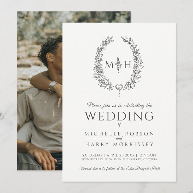 Invitación Leaf oval wreath boda carbón vegetal foto gris bla (Anverso / Reverso)