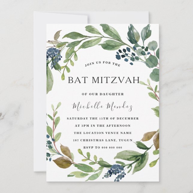 Invitación Leaf Verde Wreath Bat Moderno Mitzvah Bar Mitzvah (Anverso)