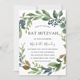Invitación Leaf Verde Wreath Bat Moderno Mitzvah Bar Mitzvah