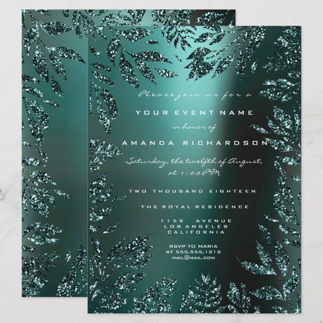Invitación Leafas florales enmarcadas Purpurina Verde azulada (Anverso / Reverso)