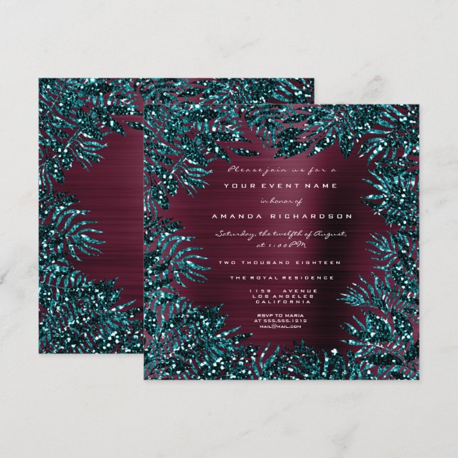 Invitación Leafas tropicales florales enmarcadas Purpurina Ve (Anverso / Reverso)