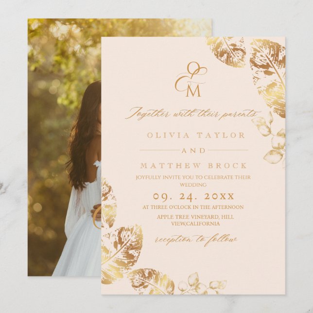 Invitación Leafs de oro de otoño | Boda botánico (Anverso / Reverso)
