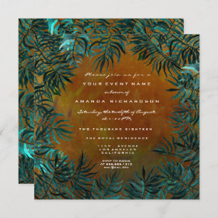 Invitación Leafs tropicales de fern enmarcadas en oro acuátic