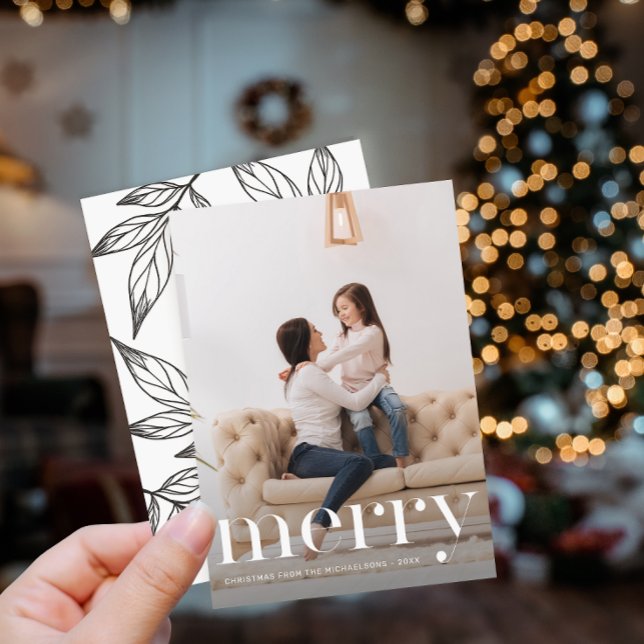 Invitación Leafy Black White Print Merry Christmas Photo (Subido por el creador)