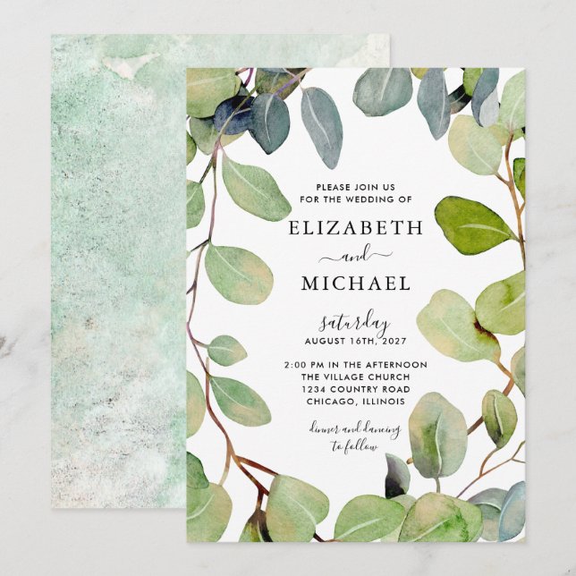 Invitación Leafy Frame Eucalyptus Greenery Boda (Anverso / Reverso)