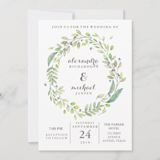 Invitación Leafy Green | Boda de Wreath de color de agua de m (Anverso)