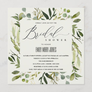 INVITACIÓN LEAFY GREEN GOLD FOLIAGE WATERCOLOR BRIDAL DUCHA