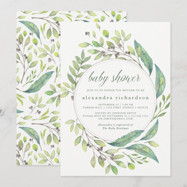 Invitación Leafy Green | Watercolor Wreath Baby Shower (Anverso / Reverso)