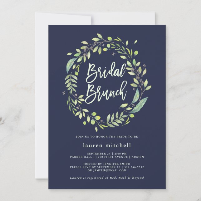 Invitación Leafy Green Wreath | Brunch nupcial azul medianoch (Anverso)