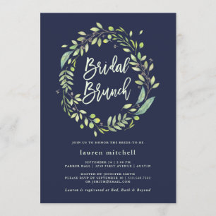 Invitación Leafy Green Wreath   Brunch nupcial azul medianoch