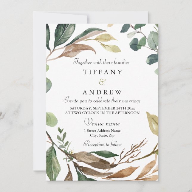 Invitación Leafy Green Wreath Elegant Moderno Boda (Anverso)