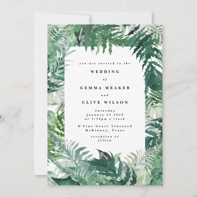 Invitación Leafy Greenery Watercolor Boda (Anverso)