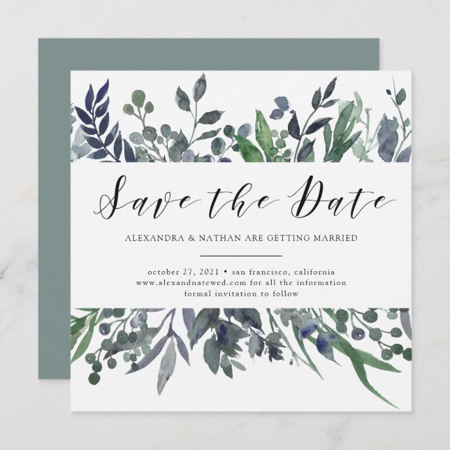 Invitación Leafy Watercolor | Boda Guardar la fecha (Anverso / Reverso)