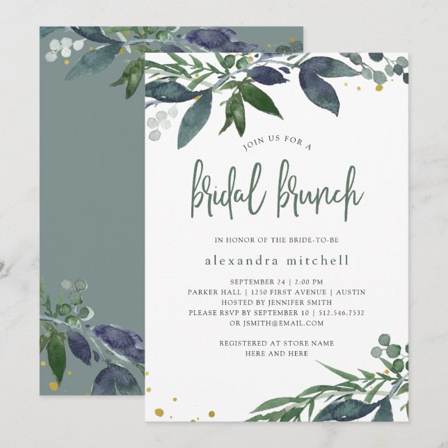 Invitación Leafy Watercolor | Brunch nupcial (Anverso / Reverso)