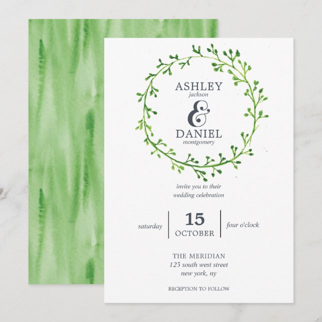 Invitación Leafy Watercolor Wreath Boda (Anverso / Reverso)