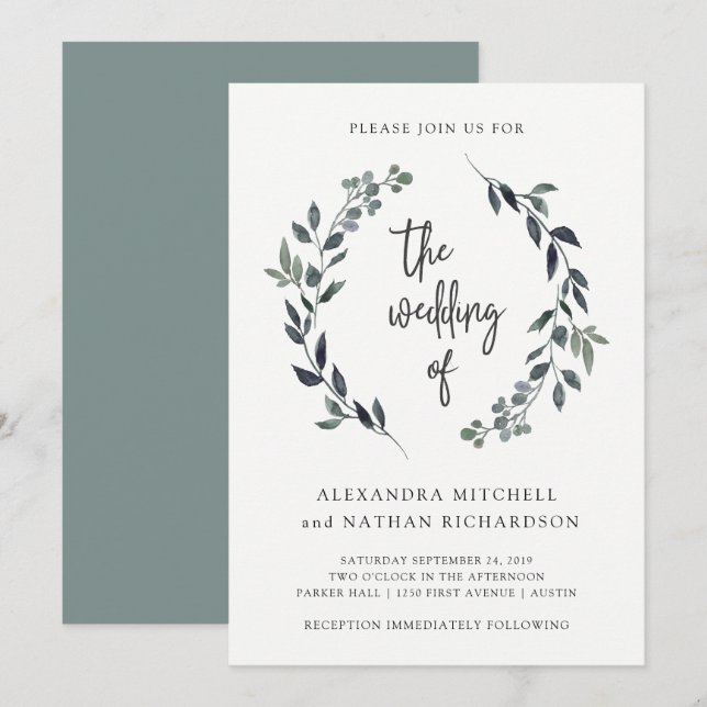 Invitación Leafy Watercolor Wreath | BODA (Anverso / Reverso)