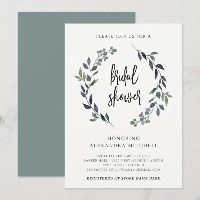 Invitación Leafy Watercolor Wreath | Ducha de novia (Anverso / Reverso)