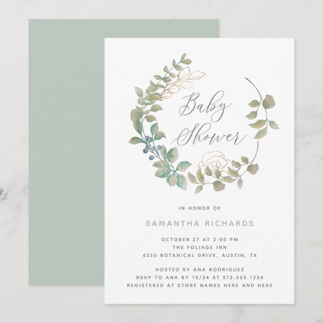 Invitación Leafy Wreath | Baby Shower botánico con oro (Anverso / Reverso)