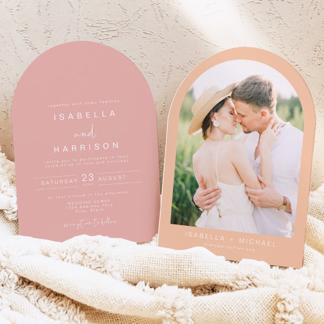 Invitación LEAH, Boda de fotografía rosa de coral con arcos m (Subido por el creador)