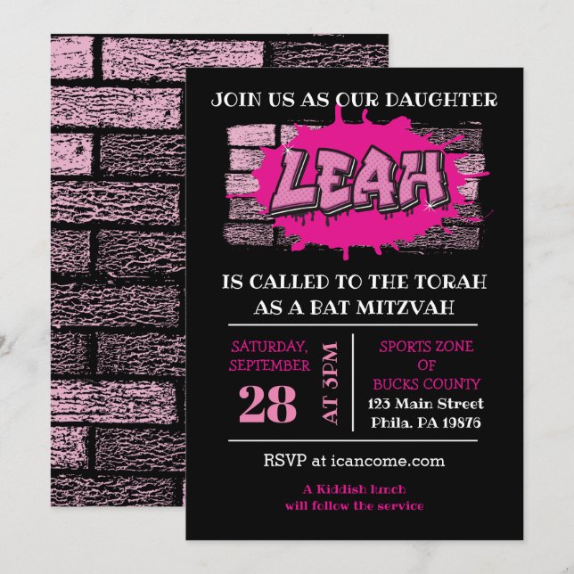 Invitación LEAH Graffiti Name Brick Wall Bat Mitzvah Einladun (Anverso / Reverso)