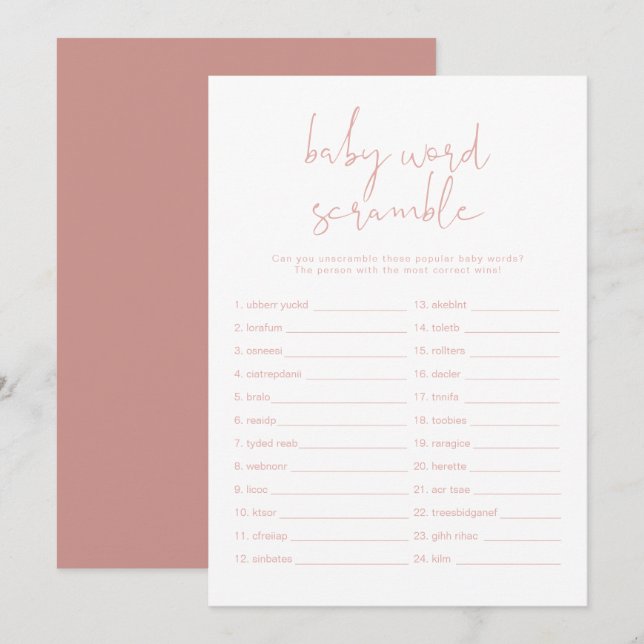 Invitación LEAH Vibrant Pastel Pink Baby Word Scramble Game (Anverso / Reverso)