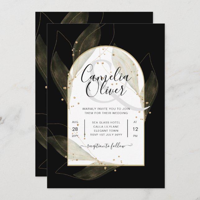 Invitación LeahG Black Gold deja el INVITE de la boda moderna (Anverso / Reverso)