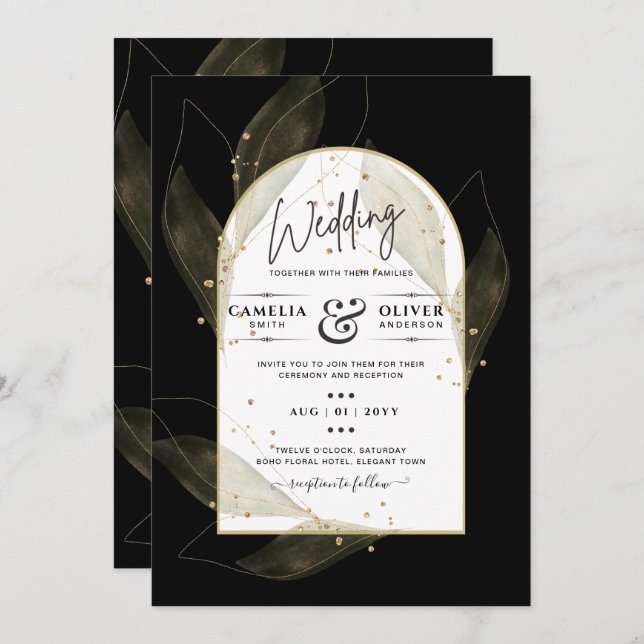 Invitación LeahG Black Gold deja el INVITE de la boda moderna (Anverso / Reverso)