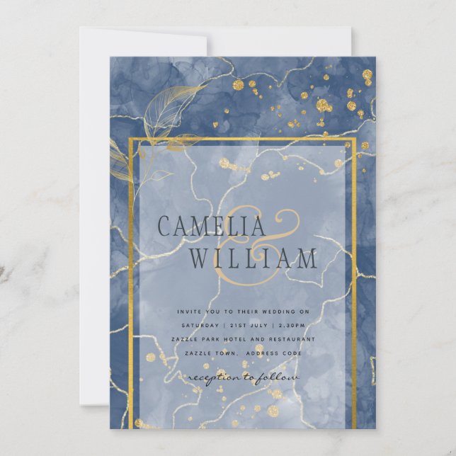 Invitación LeahG Blue Gold INK Resumen de boda (Anverso)