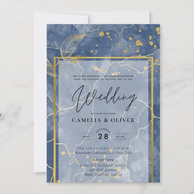 Invitación LeahG Blue Gold INK Resumen de boda (Anverso)