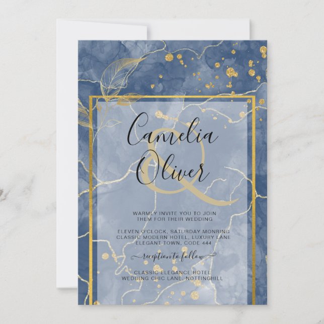 Invitación LeahG Blue Gold INK Resumen de boda (Anverso)