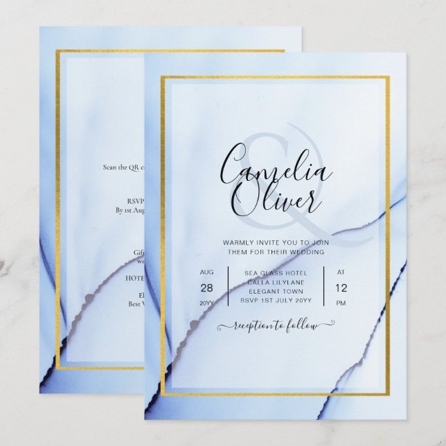 Invitación LeahG Blue Gold INK Resumen de boda (Anverso / Reverso)